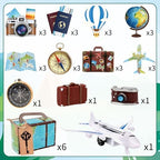 Hooqict 34 Pcs Travel Birthday Cake Topper with Mini Suitcase, Globe, Map, Airplane Cake Decorations for Travel Themed Party Decorations Let The Adventure Begin Around the World Party Supplies