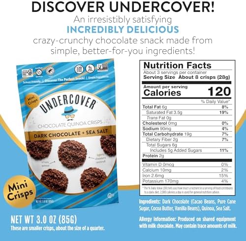 Undercover Snacks Chocolate Quinoa Crisps - Dark Chocolate + Sea Salt Quinoa Crisps | 7-Pack, 3oz Bags of Mini Crisps | Gluten Free, Nut-Free, Allergen Friendly, Kosher, Plant-Based