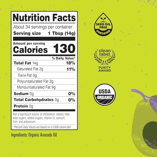Marianne’s Organic Avocado Oil: 100% Pure Organic Cooking Oil for Frying, Sautéing & Baking, Neutral Flavor, High-Heat Performance Up to 500°F, Clean Label Project Purity Award