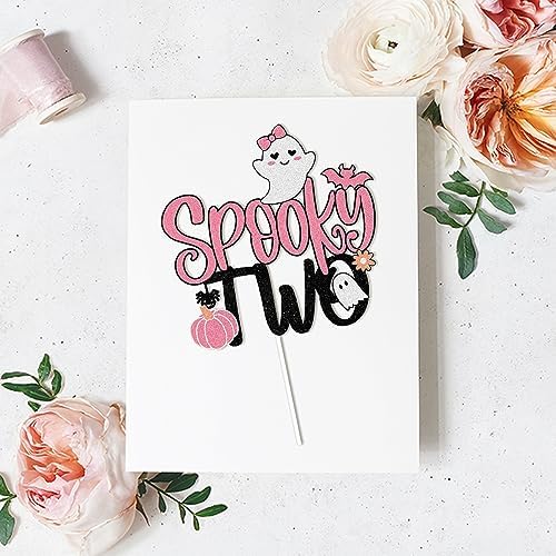 Spooky Two Halloween Happy 2nd Birthday Cake Topper - Boo I’m Two Spooky Ghost Pink Glitter Cake Topper - Happy 2nd Birthday Party For Girl's Halloween Party Decoration