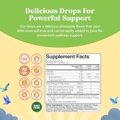Kids DHA Omega 3 Drops - Fatty Acids Omega 3 6 9 for Brain, Immune Strength & Vision - Nutritional DHA for Kids for Healthy Nervous System & Focus Support - Liquid Supplement with EPA & ALA - 2 Fl Oz