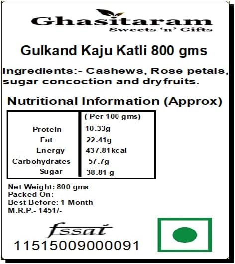 Ghasitaram Gifts Diwali Gifts Sweets - Gulkand Kaju Katli 800 GMS