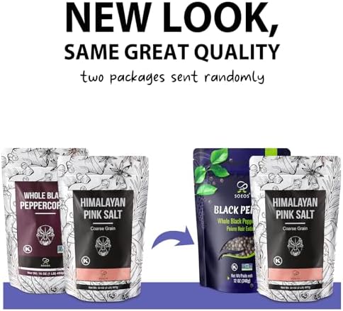 Soeos Whole Black Peppercorns 12oz + Himalayan Pink Salt 2lb, Salt and Pepper for Grinders, Black Peppercorn Refil, Pink Himalayan Sea Salt, 2 Piece Set