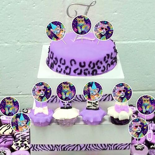 Cheereveal 36 Pieces Rainbow Cheetah Cupcake Toppers for Boys Girls - Leopard Print Cupcake Picks, Jungle Safari Animal Birthday Party Baby Shower Decorations
