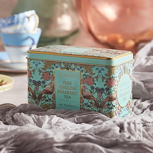 New English Teas Song Thrush and Berries Tea Tin in Green with 40 English Breakfast Teabags
