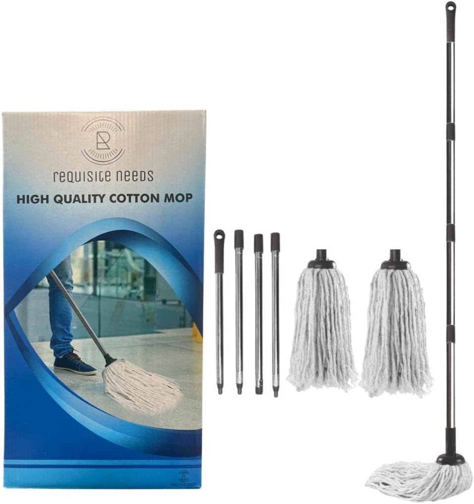Long Cotton Floor mop – Looped String mop with Detachable Head and Handle – Lightweight and Easy to use – Includes 2 Cotton Strings mop Heads (2 Cotton mops with Handle)