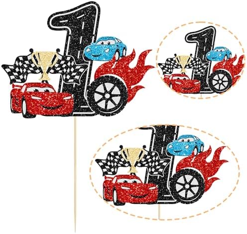 Ephlyn 1Pc Race Car First Birthday Cake Topper Glitter 1st Cake Decoration for Racing Car Checkered Flag Themed Kids Boy Girl One Years Old Happy 1st Bday Party Decor Supplies