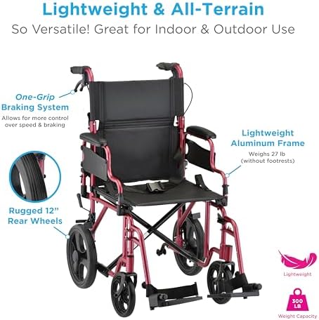 NOVA Lightweight Folding Transport Chair – Aluminum Travel Wheelchair with Flip-Up Desk Arms, One-Grip Locking Handbrakes, 8” Front & 12” Rear All-Terrain Wheels – Supports Adults Up to 300 lbs – Red
