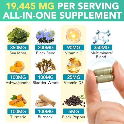 Sea Moss Black Seed Oil with Ashwagandha & Ginger, Turmeric Burdock Root Bladderwrack & Vitamin C, Vitamin D3, Sea Moss Capsule Supplement for Immunity & Energy, Skin, Hair (120 Capsules)