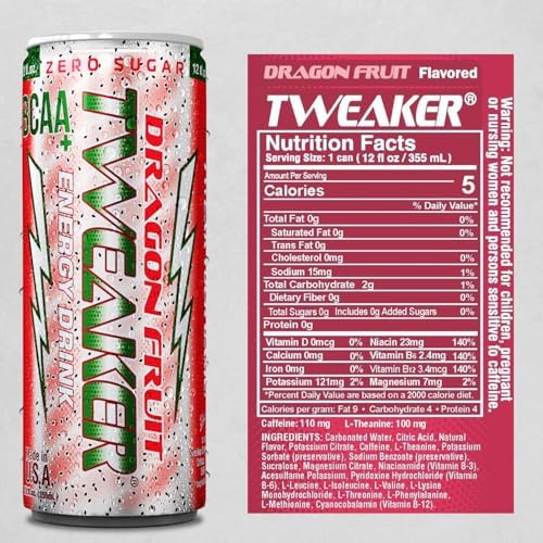 Tweaker Energy Drink Pre Workout - Sugar Free, Low Calorie, 110 mg Caffeine, Clean Energy Drink for Focus & Performance (12 oz, Pack of 12) (12 Ounce (Pack of 12), Dragon Fruit)