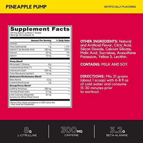 BSN N.O.-XPLODE Vaso Pre Workout Powder with 8g of L-Citrulline and 3.2g Beta-Alanine and Energy, Flavor: Pineapple Pump, 24 Servings