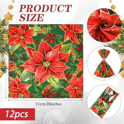 Qeeenar 12 Pcs Christmas Poinsettia Cloth Napkin 20 x 20 Inch Poinsettia Cloth Napkins Washable Dinner Guest Napkins for Christmas Holiday Xmas Thanksgiving Dinner Party Supplies, Set of 12