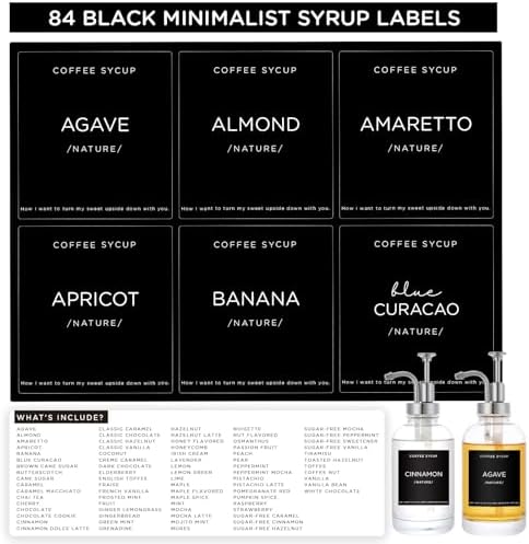 84 Coffee Syrup Labels, Joyfulmap 2.35 x 2.55 inch Minimalist Label for Coffee Bar Accessories, Waterproof Vinyl, Essentials for Syrup Glass/Plastic Bottle & Dispenser Organization (Black)