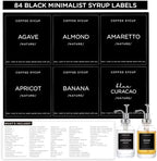 84 Coffee Syrup Labels, Joyfulmap 2.35 x 2.55 inch Minimalist Label for Coffee Bar Accessories, Waterproof Vinyl, Essentials for Syrup Glass/Plastic Bottle & Dispenser Organization (Black)