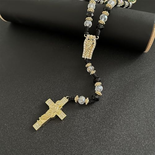 Exquisite Rosary Saint Jude Cross Pendant Mexican Necklace - Braided Cord Green Crystal beads Chain, Charm Accessories for Men and Women, Catholic St Jude Elegant Religious Jewelry Gift Idea