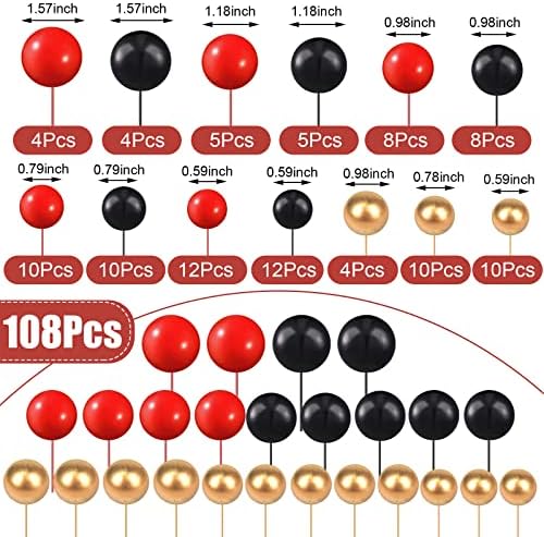 108 Pcs Balls Cake Topper DIY Cupcake Insert Foam Balloons for Cake Baking Wedding Anniversary Birthday Decoration(Red, Black, Gold,Multi Sizes)
