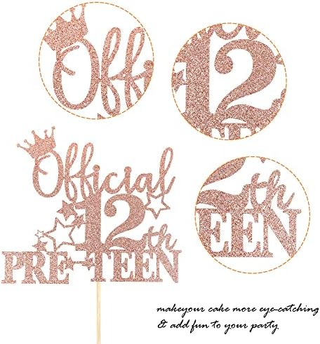 1 Pack Official Pre-teen 12 Cake Topper Glitter Happy 12th Birthday Cake Pick Cheers to 12 Years Old Cake Decorations for Teen 12th Birthday Party Supplies Rose Gold
