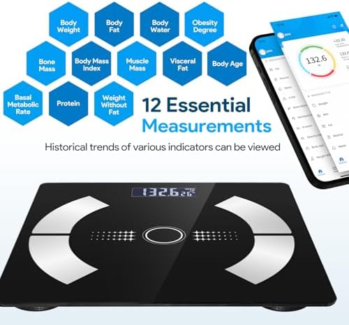 Body Fat Scale, Smart Weight Scale, Digital Bathroom Scale with Bluetooth functionality, Capable of Analyzing Body Fat, Muscle Mass, Water Content, and Bone Mass.