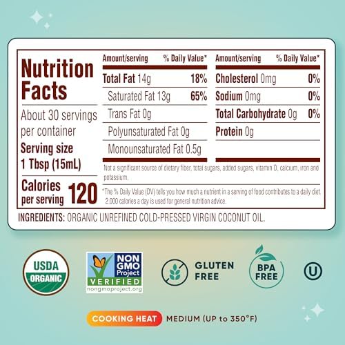 Nutiva Organic, Cold-Pressed, Unrefined, Virgin Coconut Oil from Fresh, non-GMO, Sustainably Farmed Coconuts, 15-ounce
