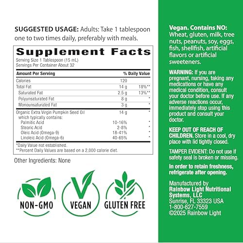 Rainbow Light Organic Extra Virgin Pumpkin Seed Oil | 16 Fl Oz | Cold Pressed Liquid Extract | Potent Source of Omega 6 and 9 Fatty Acids | Non-GMO and Gluten Free Supplement
