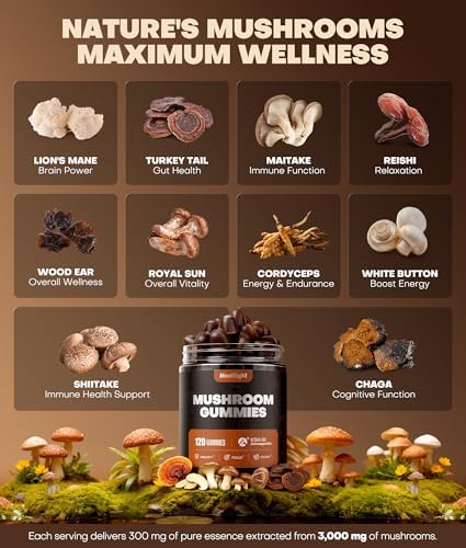 10-In-1 Mushroom Gummies with KSM-66 Ashwagandha & Magnesium Threonate Boosts Focus, Memory & Cognitive, 120 Ct Mushroom Supplement with Vitamin D3 & B12 for Immunity & Energy, Vegan, Blueberry Flavor