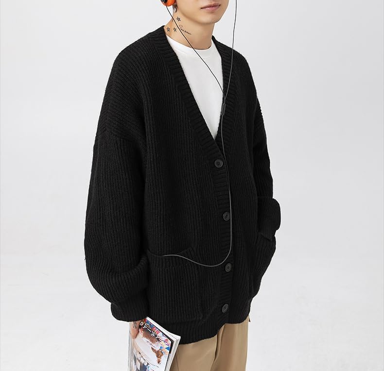 POHADON Mens Cardigan Sweater Button Down Long Sleeve V Neck Cable Knit Sweaters Japanese Streetwear Grunge Clothes