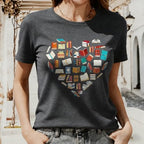 Valentine's Tshirt Women Cute Love Heart Graphic Tees Funny Cassette Tape Letter Print Splicing Short Sleeve Lover Tee Tops