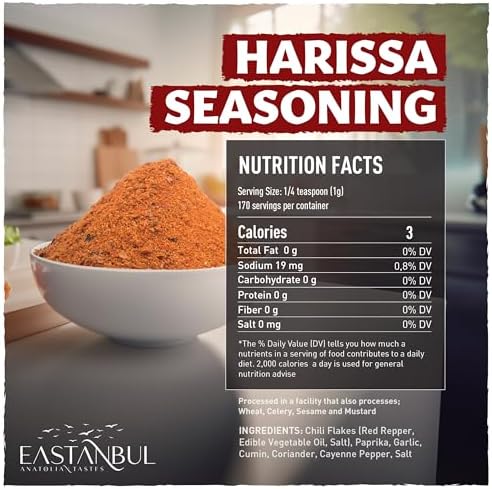 Eastanbul Harissa Seasoning, 6oz, Harissa, Asian Spices and Seasonings, Perfect Spice Blend with Chili Peppers, Paprika, Garlic, Cumin, Coriander, and Cayenne, Very Low Sodium, No MSG, No Filler