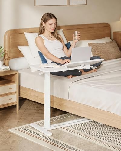 SANODESK Small Rolling Overbed Table Adjustable Height with Wheels, Mobile Laptop Desk with Tilting Desktop, Portable Computer Workstation for Home Office, Classroom, Bedside, White