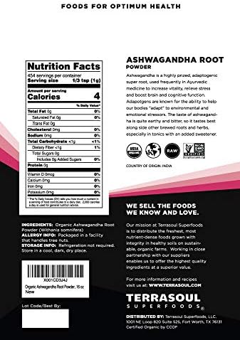 Terrasoul Superfoods Organic Ashwagandha Root Powder, 1 Lb - Stress Adaptogen | May Improve Sleep | Lab-Tested for Quality