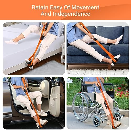 39'' Long Leg Lifter Hip Replacement,Rigid Leg Lifter Strap for Knee Replacement Surgery Recovery,Foot Lifter Easily Get in and Out of Bed,Car,Wheelchair,with Padded Loop for Hands and Feet