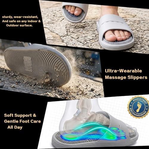 Acupressure Massage Slippers with Textured Footbed, Pink and Gray, 2 Pack (Grey, US Women 9.5-10/ Men -8.5)