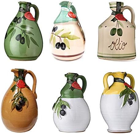 Two (only) of GALANTINO Extra Virgin Olive Oil in Hand Painted Ceramic Amphora, You Get Two Jugs from The Six Shapes and Styles, 17 Ounce (500ml), A loaf of Bread, a jug of Olive Oil, and Thou