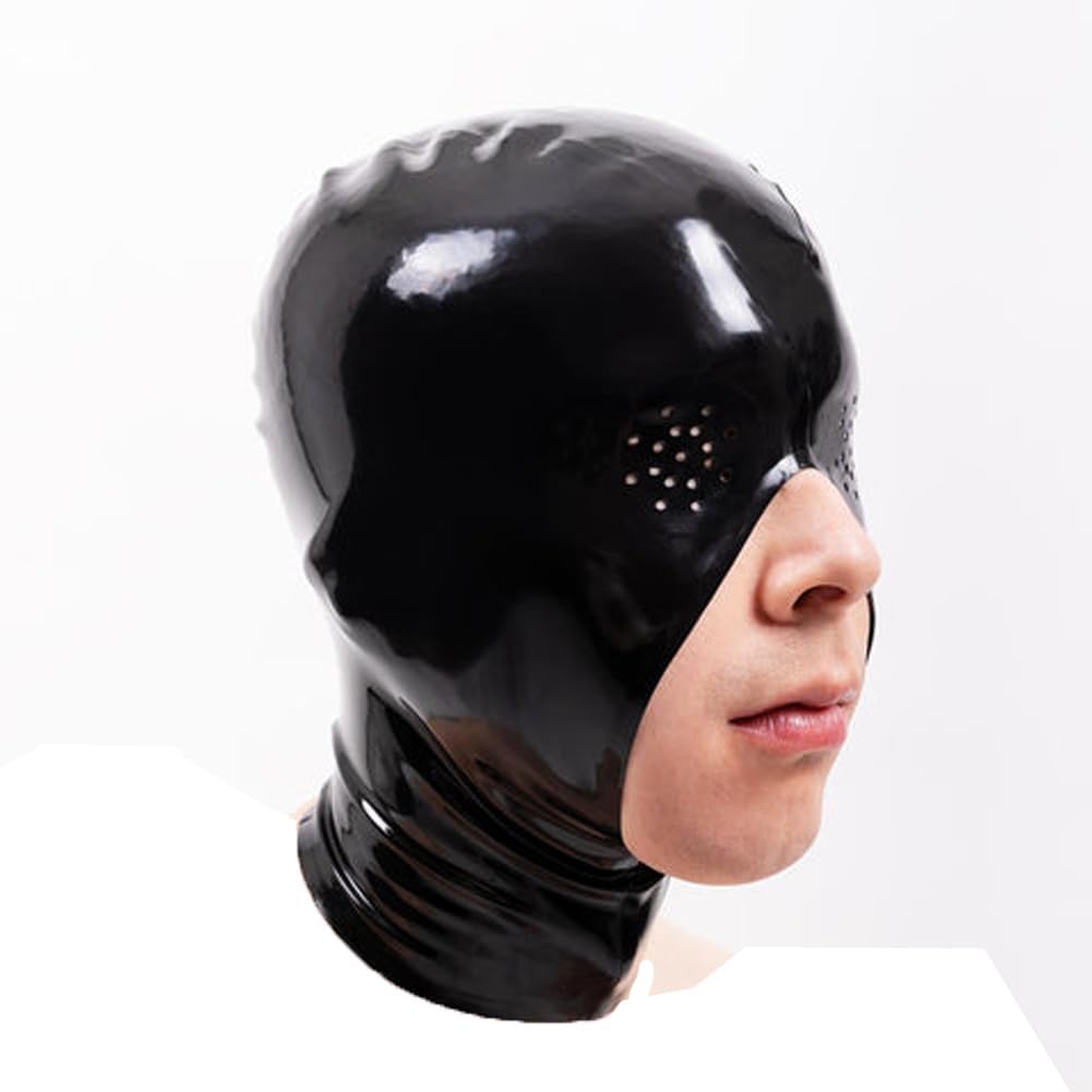 EXLATEX Latex Hood Mask Zipped Catsuits with Pin Eyes and Open Jaw Cosplay Party Costume for Men
