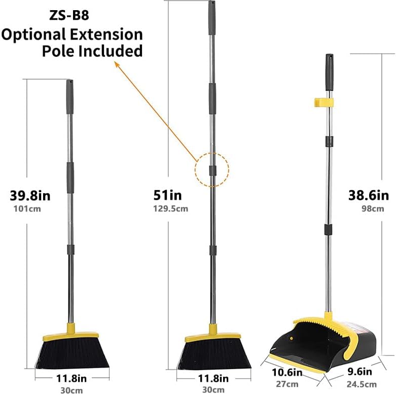 2-Pack is More economical,Brooms with Dustpan Combo Set， with 52" Long Handle, Dustpan Teeth with self-Cleaning Function, Indoor and Outdoor Sweeping, Perfect for Home Office (Large/Yellow/ 2-Pack)