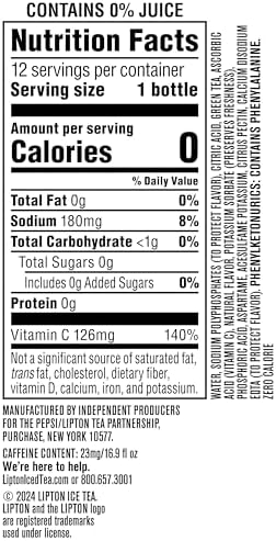 Lipton Zero Sugar Iced Tea, Green Tea Mixed Berry, 16.9 fl oz Bottles, (12 Pack), 100% DV Vitamin C