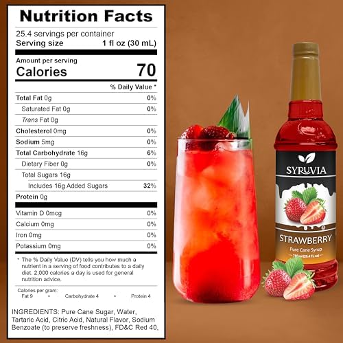 Syruvia Strawberry Syrup (25.4 fl oz) - Sweet Strawberry Bliss in a Bottle – Kosher, Gluten-Free, Ideal for Elevating Your Culinary and Beverage Adventures with pump