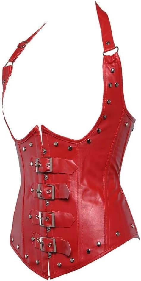 Women's Steampunk Faux Leather Bustier Halter Shoulder Straps Underbust Corset Top