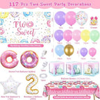 Two Sweet Birthday Party Decorations 2nd Birthday Supplies 'TWO' Boxes Donut Balloon Arch Backdrop Tablecloth Crown Foil Balloon Second 2 Year Old Birthdays Decorations for Girls