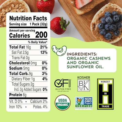 Once Again Organic Cashew Butter Packets - Individual Nut Butter Packets - No Sugar or Salt Added Snack Pouches - Single Serve Squeeze Packs - Vegan, Non-GMO, Gluten Free - 1.15 Ounce Packs, 10 Count