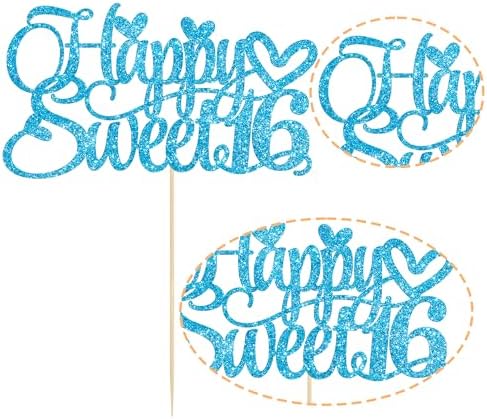 1Pc Happy Sweet 16 Cake Topper Glitter 16th Birthday Cake Pick for Cheers to 16 Years Old 16th Birthday Party Cake Decorations Supplies Light Blue