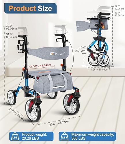 Lightweight Rollator Walker with Seat for Seniors,Foldable Rolling Walker with 4 Wheels and Brakes, All Terrain 360° Front Wheel Mobility Aid with 8” Puncture-Proof Tires, 300 lbs Capacity