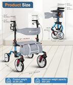 Lightweight Rollator Walker with Seat for Seniors,Foldable Rolling Walker with 4 Wheels and Brakes, All Terrain 360° Front Wheel Mobility Aid with 8” Puncture-Proof Tires, 300 lbs Capacity