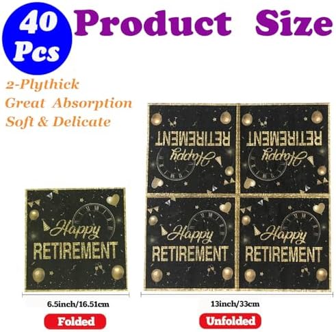 40 Pcs Happy Retirement Napkins Golden Black Disposable Paper Napkins for Dinner Picnic Cocktail Birthday Party Supplies Good Luck We Will Miss You Decors 6.5in