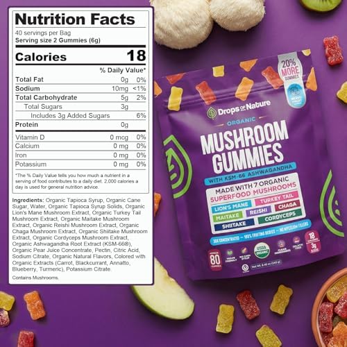 Drops Of Nature Lions Mane & Ashwagandha Gummies – Turkey Tail, Maitake, Reishi, Chaga, Shiitake, Cordyceps – Organic, Low Carb Superfood Gummies – 8 in 1 Mushroom Blend (Mixed Fruit, 80 Gummy Bears)