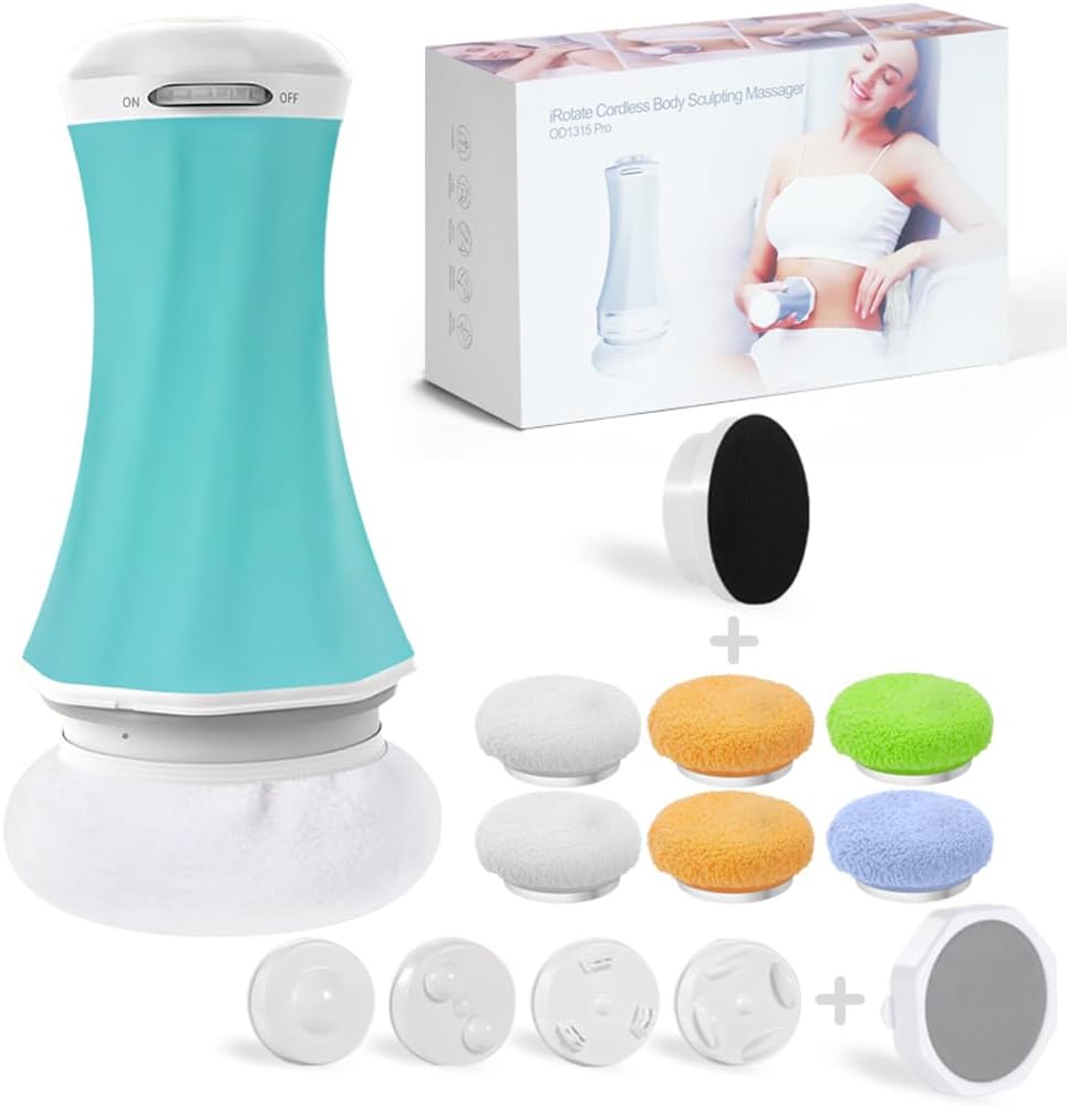 Cellulite Massager Body Sculpting Machine Electric Cordless, Rechargeable, Night Light for Belly Legs Butt Arms Back Shoulder, with Sculpting Head, 4Massage Heads, 6Washable Pads, Mesh Cover