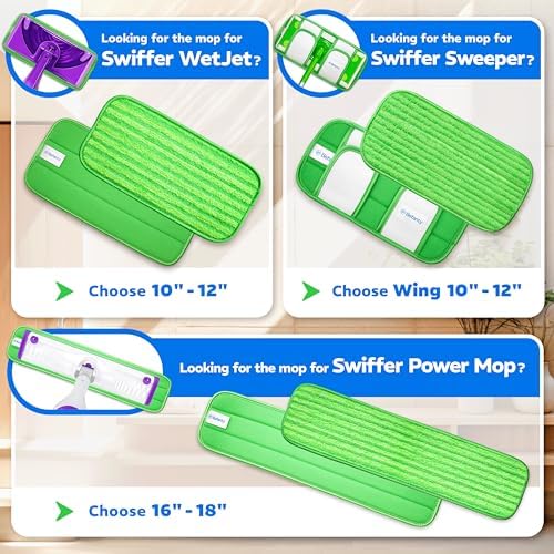 4 Pack Reusable Microfiber Mop Pads, Compatible with Swiffer Sweeper, Machine Washable Cloths, Scraper Included, Refills for All Floor Cleaning, Hook and Loop, Wet Dry - 10"- 12"