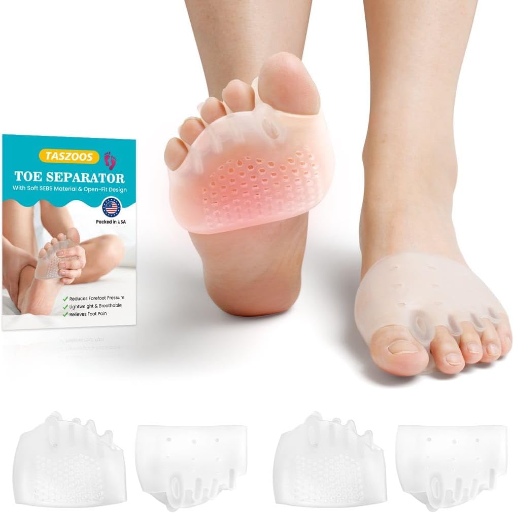 Metatarsal Pads & Toe Separators for Women & Men - Gel Ball of Foot Cushion, 4Pcs Toe Spacers for Pain Relief, Metatarsalgia, Morton’s Neuroma, Long Hours of Standing or Walking