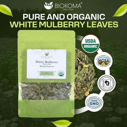 Biokoma Organic White Mulberry Leaf Tea Loose Dried Leaves 1.76oz - Morus Alba Herbal Tea - USDA Organic - Resealable Moisture Proof Pouch - No Additives - No Preservatives - Non GMO - Kosher