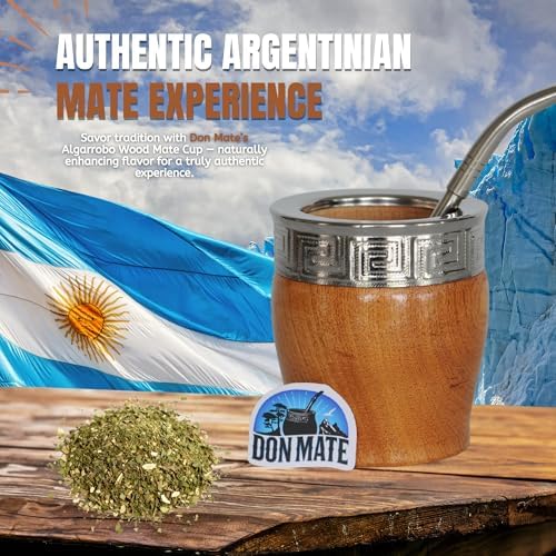 DON MATE Yerba Mate Cup and Bombilla Set – Handmade Imperial Mate Algarrobo – Yerba Mate Kit with Bombilla Straw – Imperial Algarrobo Wooden Mate